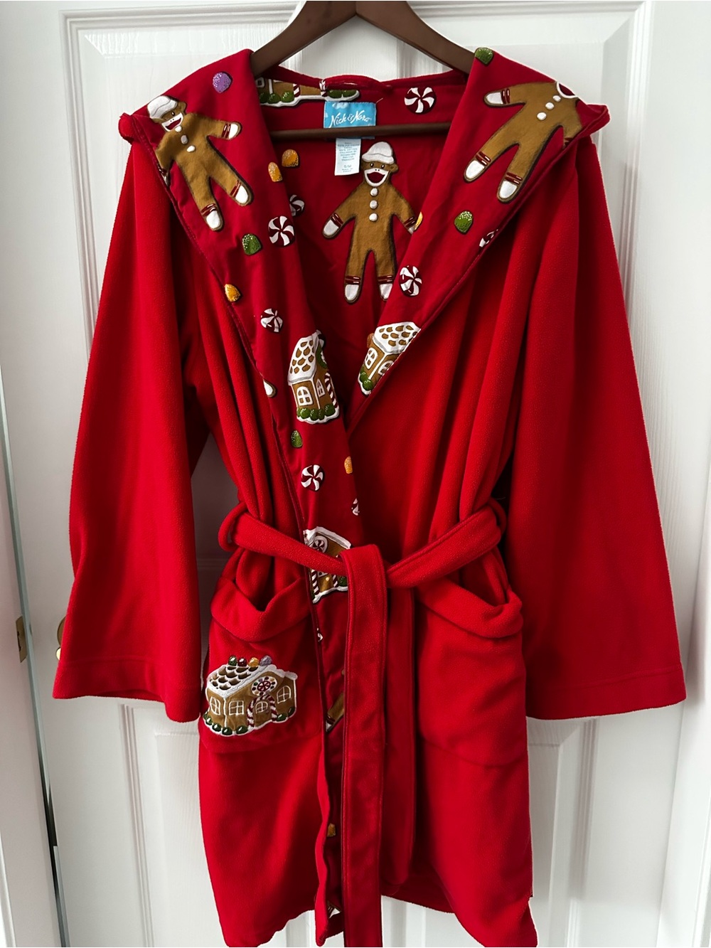 Nick & Nora Red Fleece Holiday Gingerbread Sock Monkey Hooded Robe S/M Christmas